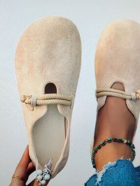 Women’s Beige Suede Slip-On Loafers with Rope Accent